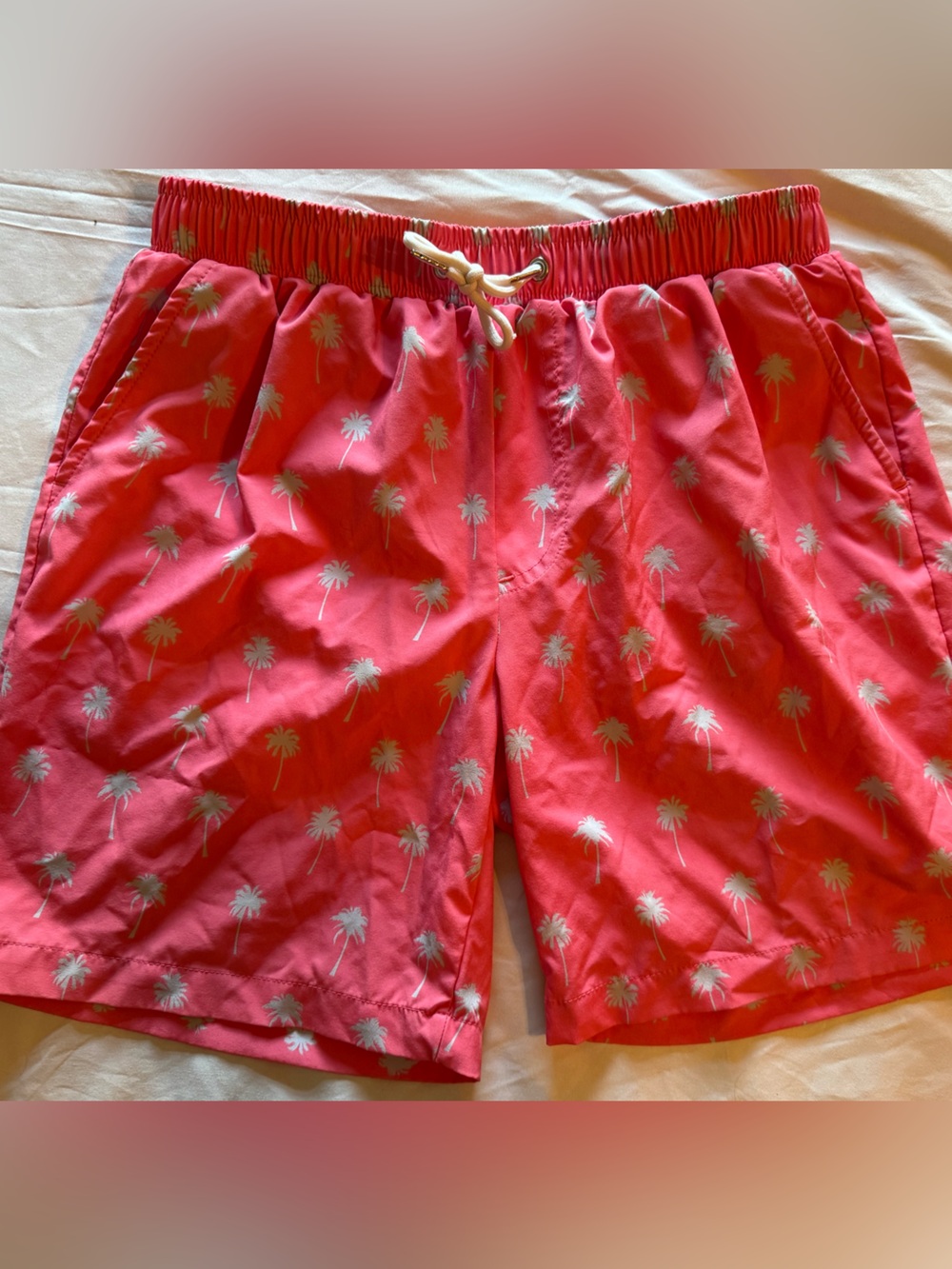 Men's Coral Palm-Print Swim Trunks with Drawstring Waist